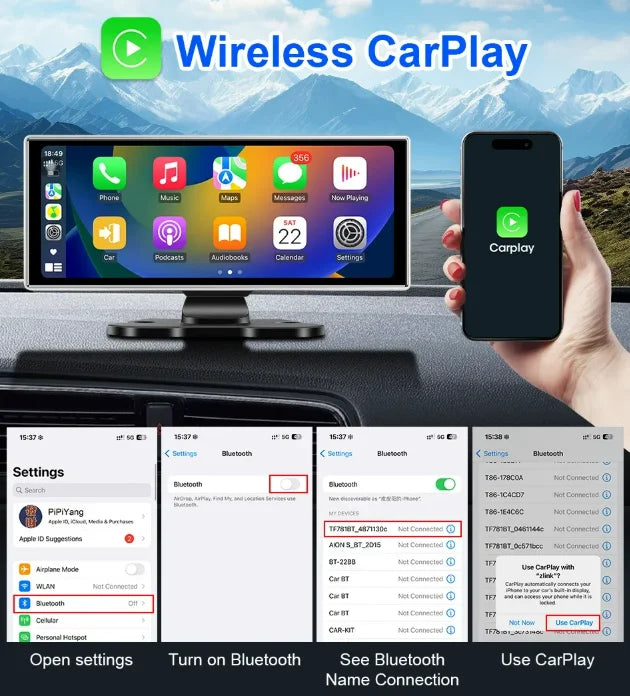 10.26" Car Mirror Radio with Wireless CarPlay & Android Auto – BT, AUX, FM Stereo