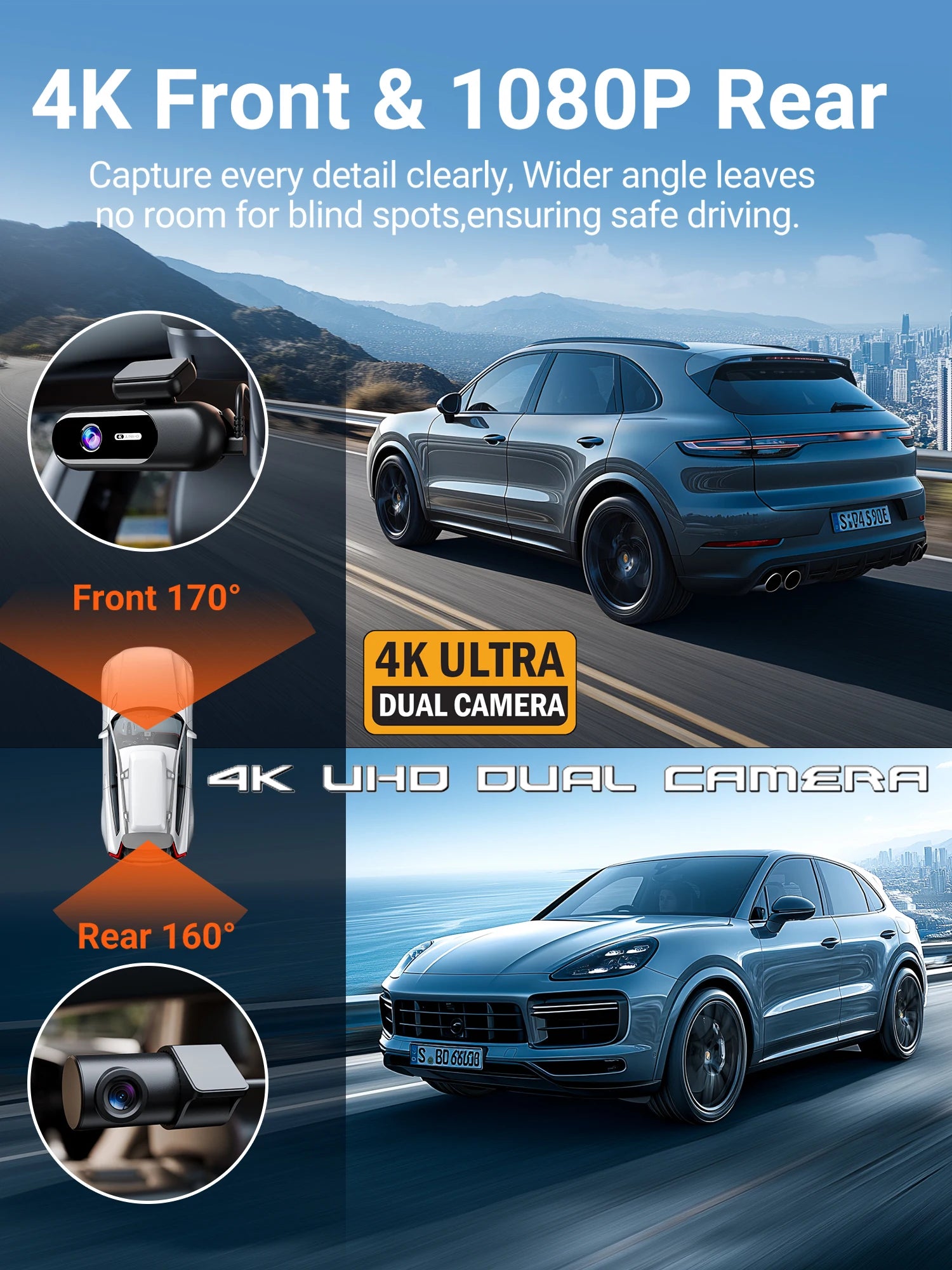 4K UHD Front & Rear Dash Cam with WiFi, HDR Night Vision & 24H Parking Mode