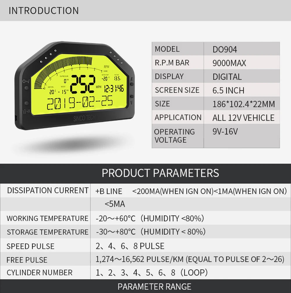 DO904 Bluetooth Race Gauge – Car Tacho Dashboard Sensor Kit with LCD Screen