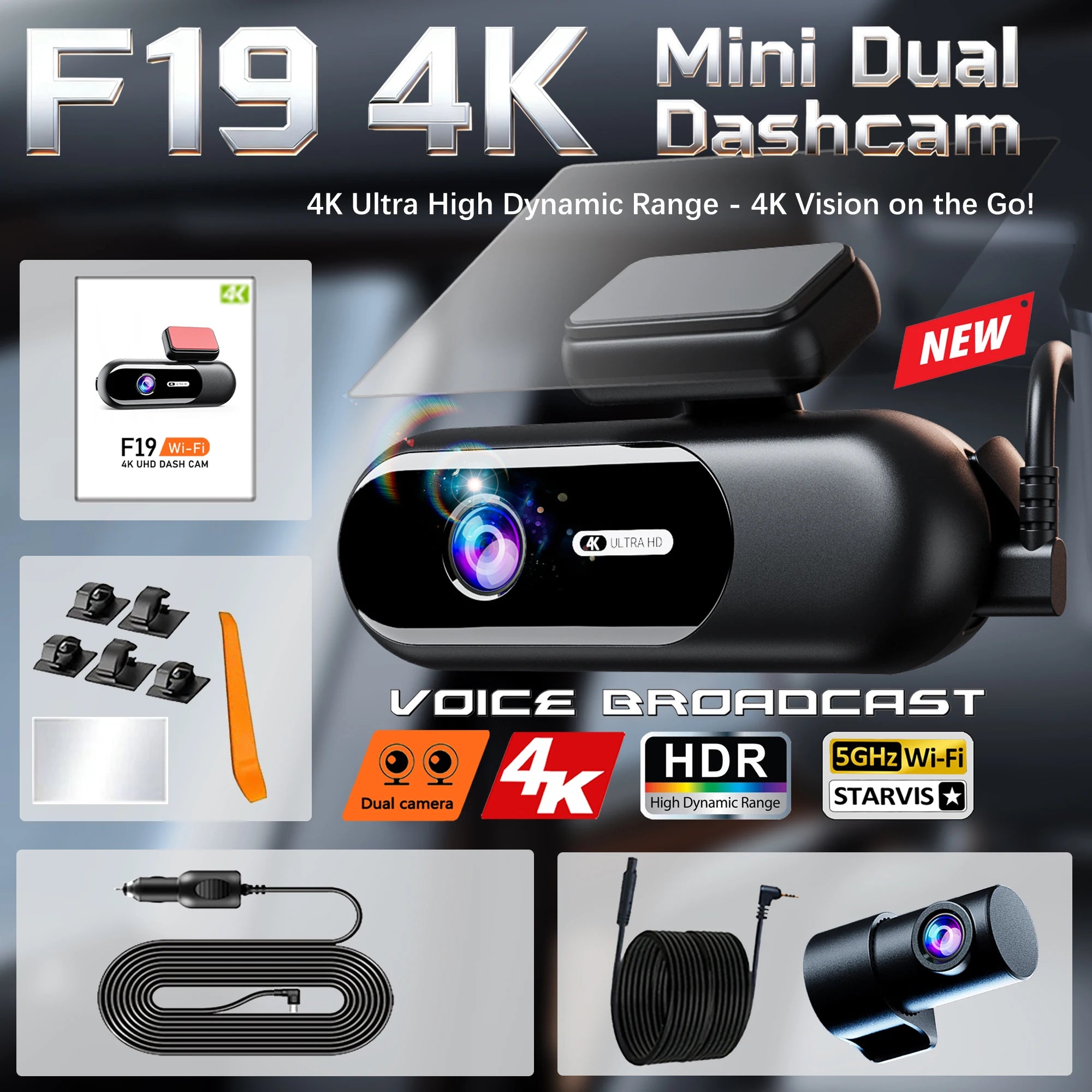 4K UHD Front & Rear Dash Cam with WiFi, HDR Night Vision & 24H Parking Mode