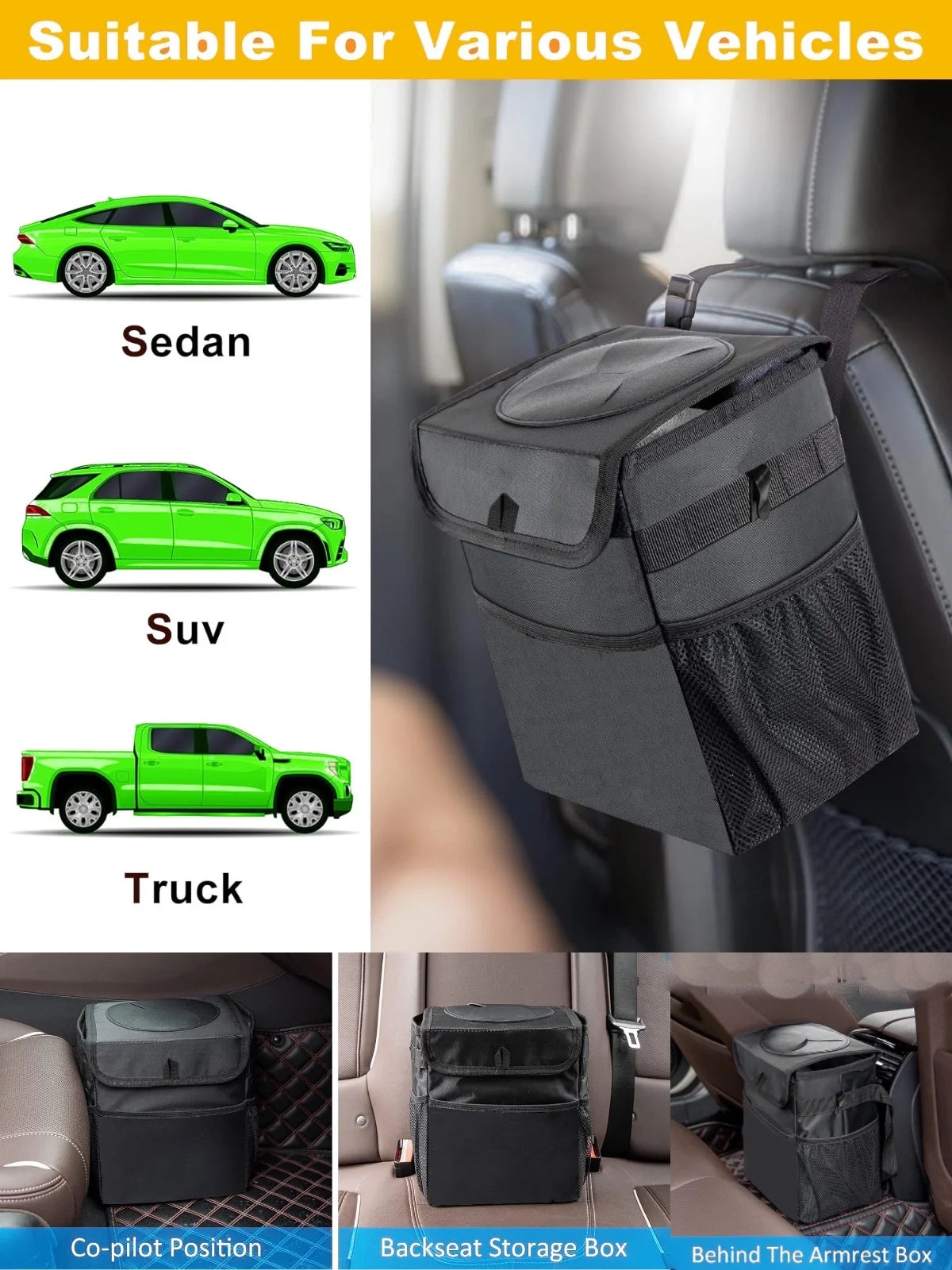 Car Trash Can with Lid – Leakproof, Collapsible Oxford Cloth Bin