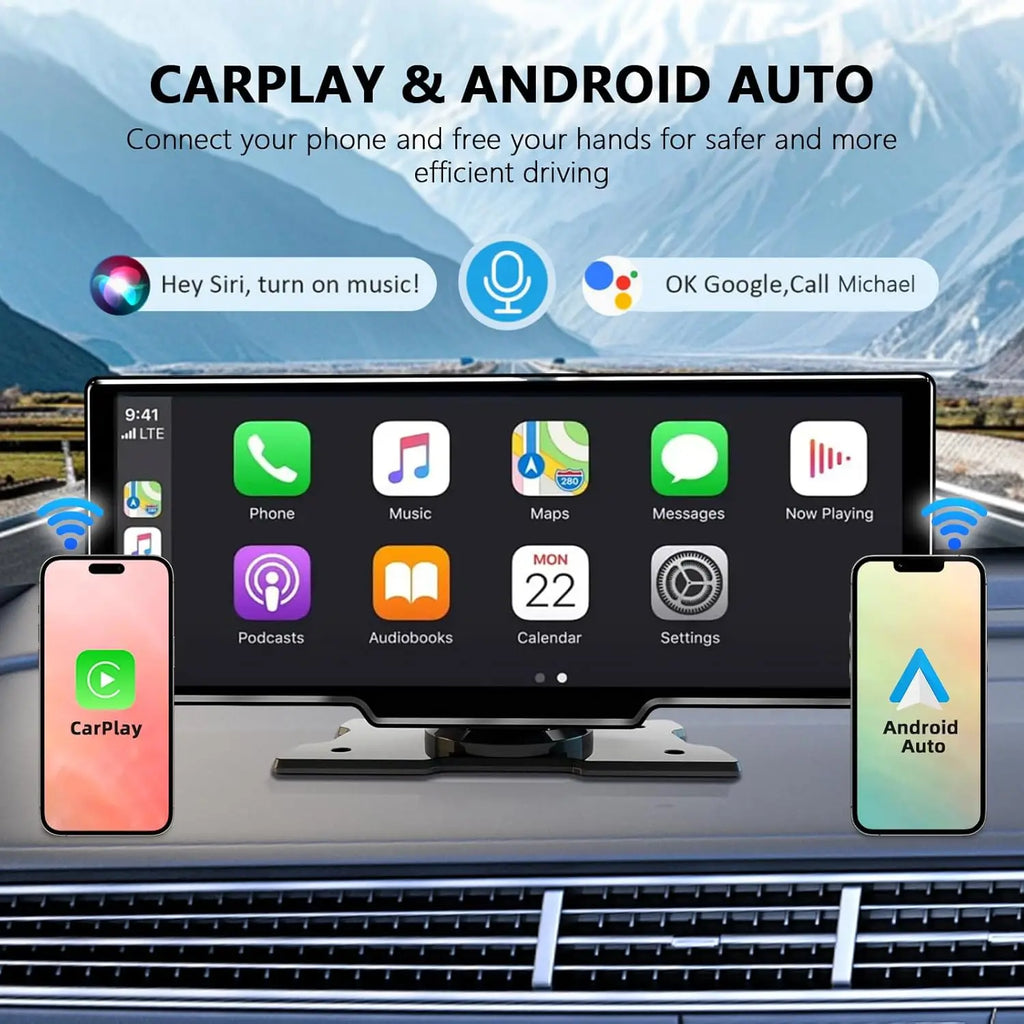 10.26" Car Mirror Radio with Wireless CarPlay & Android Auto – BT, AUX, FM Stereo