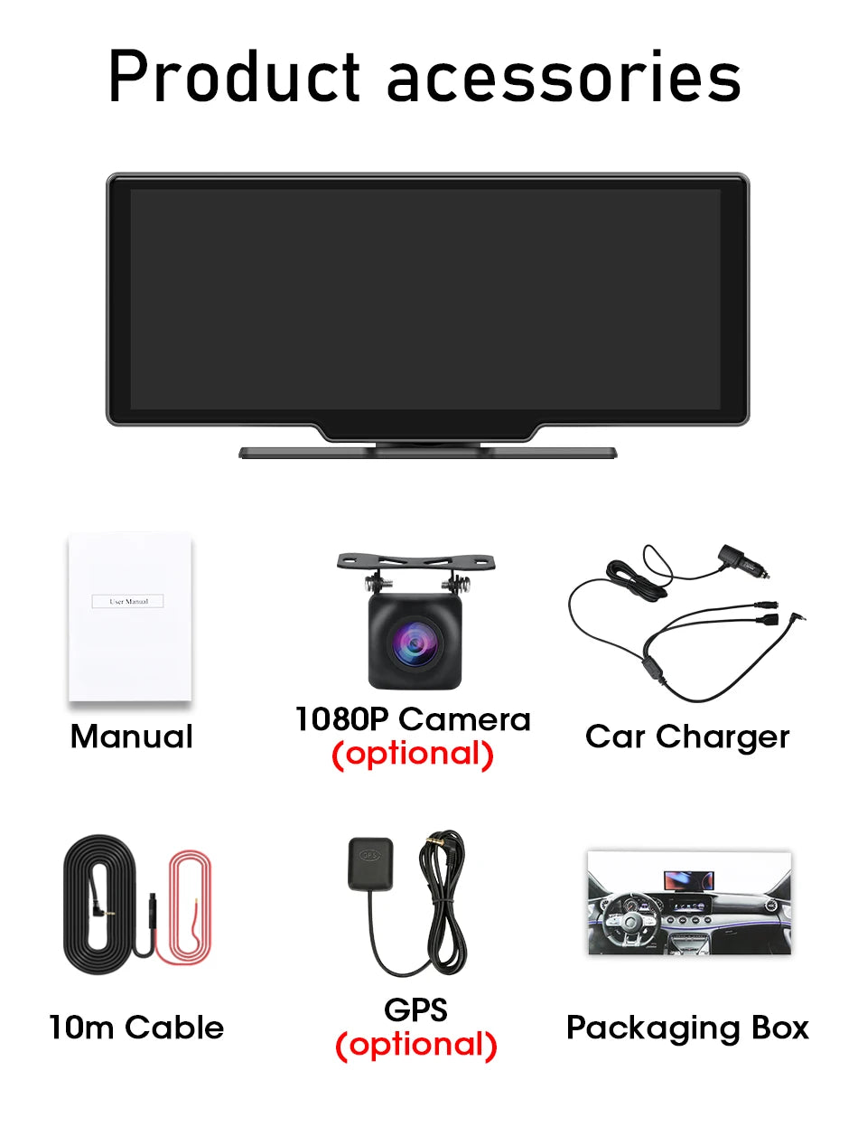 10.26" Car Mirror Radio with Wireless CarPlay & Android Auto – BT, AUX, FM Stereo