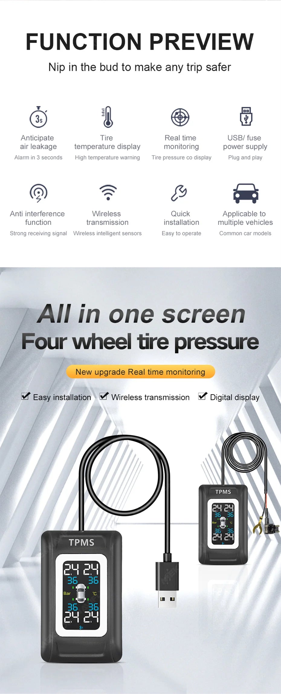 Intelligent TPMS Tire Pressure Monitoring System – Compact & Car-Specific Design