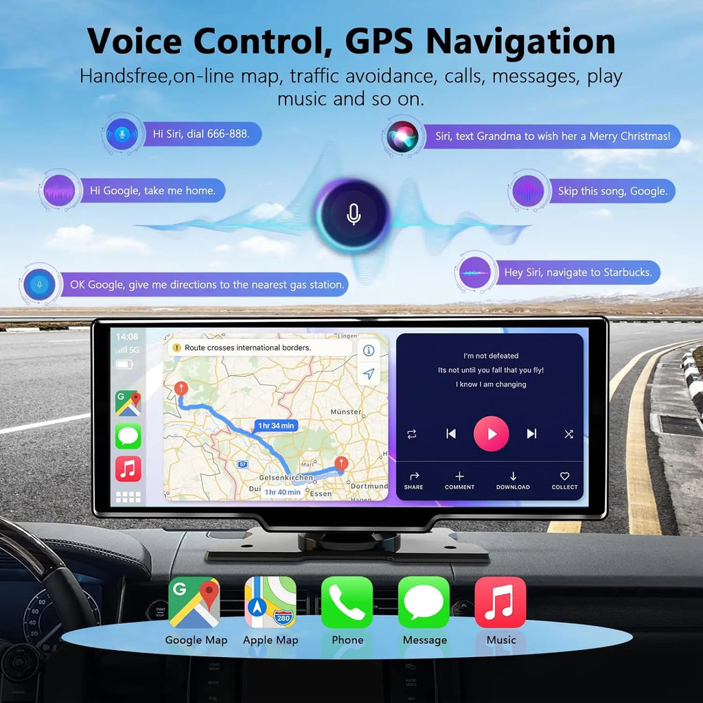 10.26" Car Mirror Radio with Wireless CarPlay & Android Auto – BT, AUX, FM Stereo