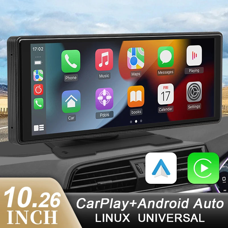 10.26" Car Mirror Dash Radio with Wireless CarPlay & Android Auto – Bluetooth, AUX & USB