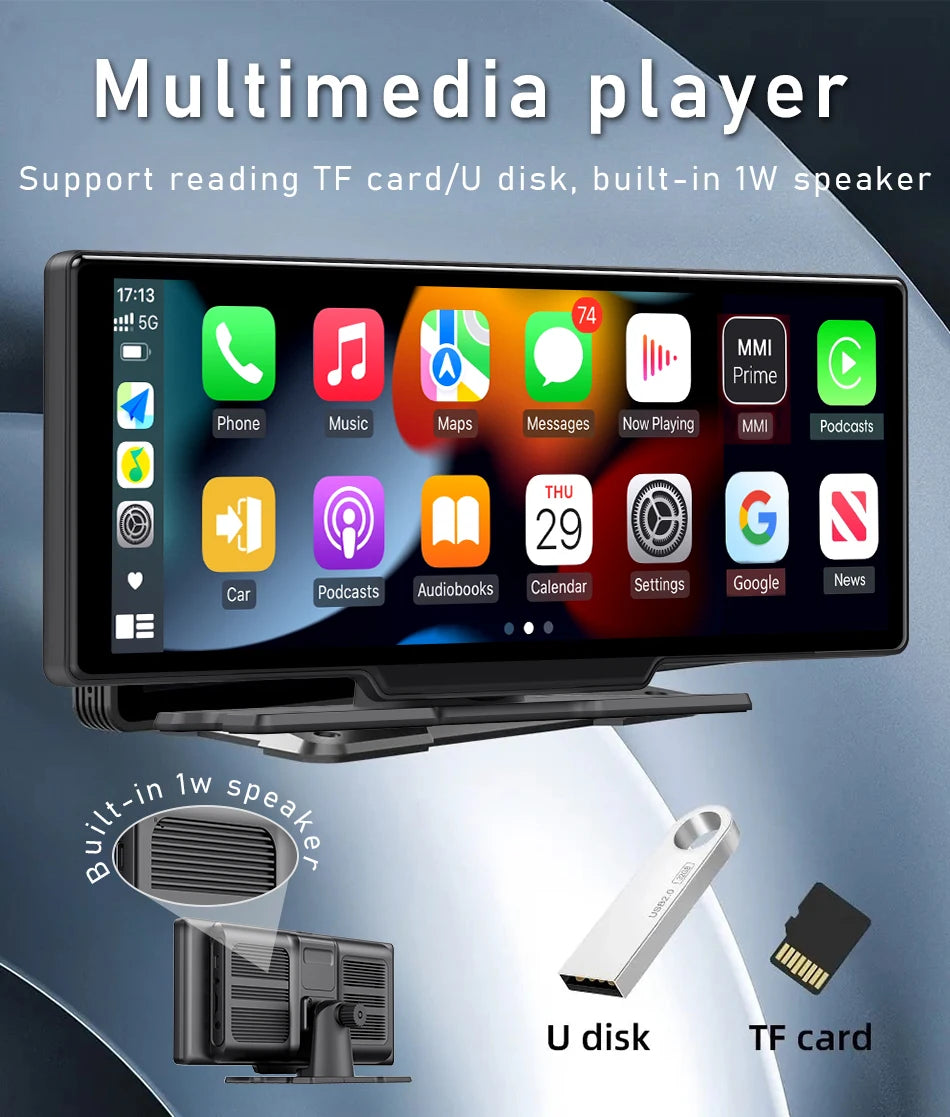 10.26" Car Mirror Radio with Wireless CarPlay & Android Auto – BT, AUX, FM Stereo