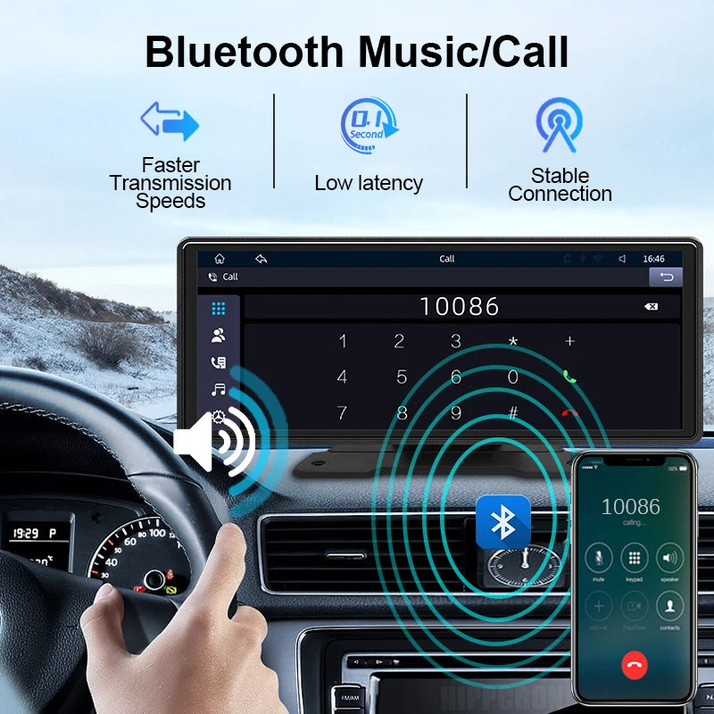 10.26" Car Mirror Dash Radio with Wireless CarPlay & Android Auto – Bluetooth, AUX & USB