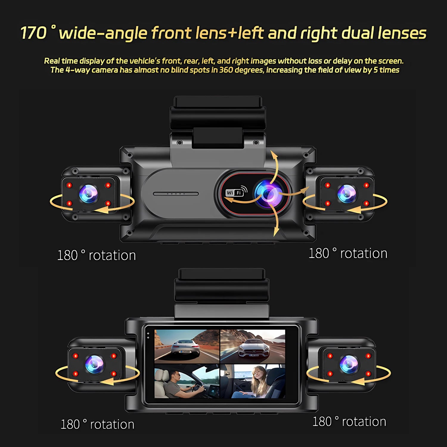 4 Channel Dash Cam with WiFi – FHD 1080P, Night Vision & Loop Recording