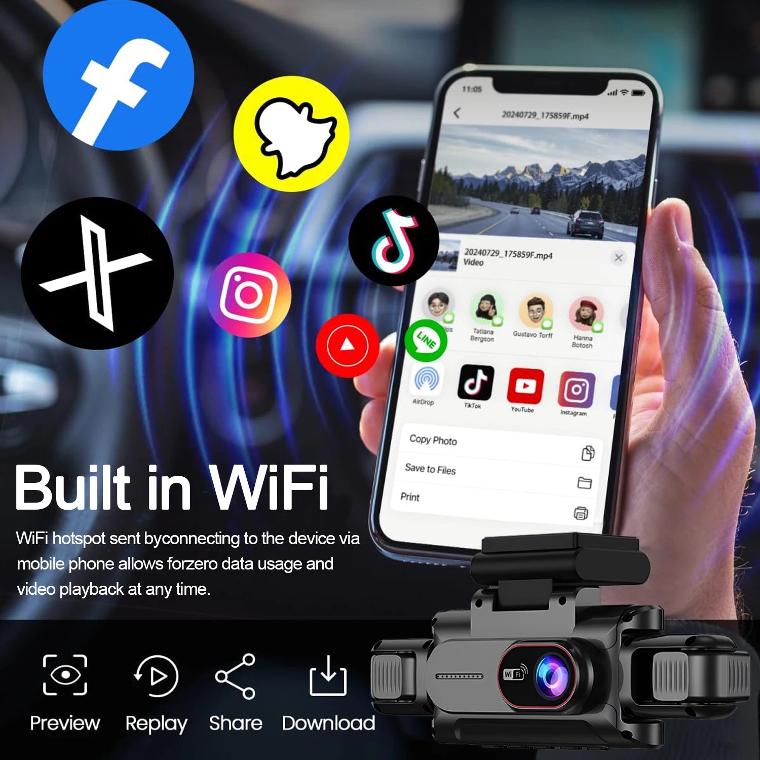 4 Channel Dash Cam with WiFi – FHD 1080P, Night Vision & Loop Recording
