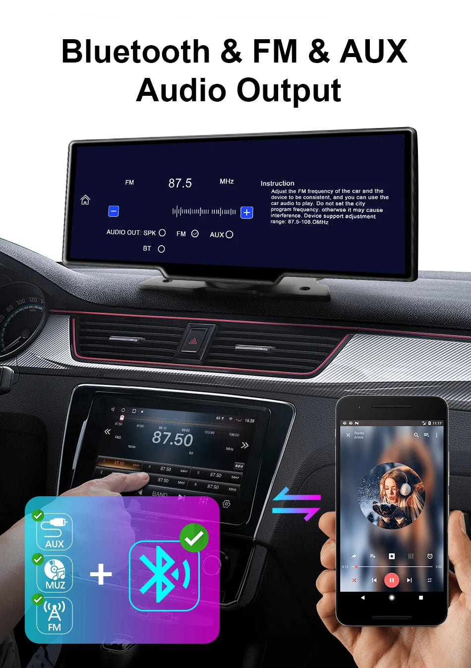 10.26" Car Mirror Radio with Wireless CarPlay & Android Auto – BT, AUX, FM Stereo