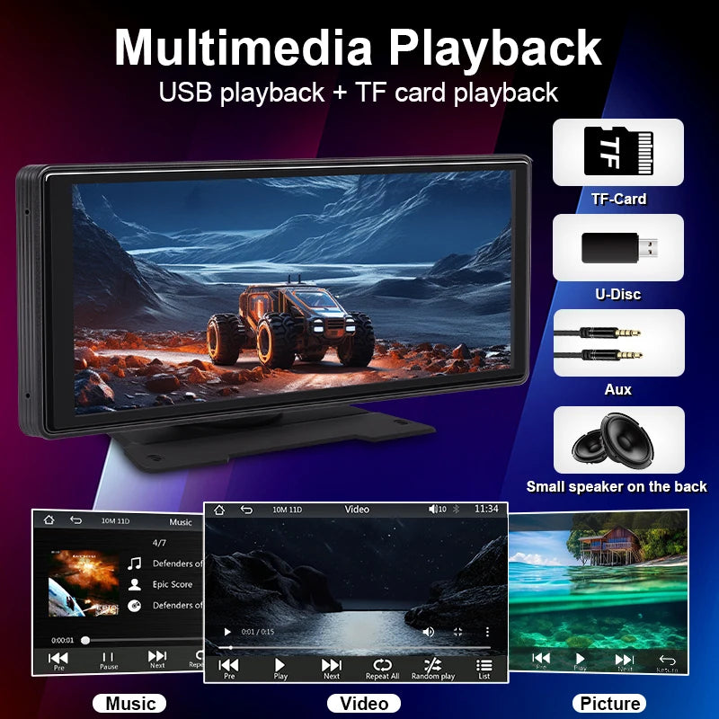 10.26" Car Mirror Dash Radio with Wireless CarPlay & Android Auto – Bluetooth, AUX & USB