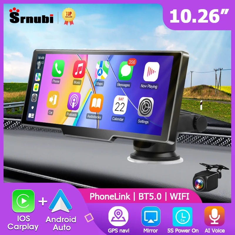 10.26" Car Mirror Radio with Wireless CarPlay & Android Auto – BT, AUX, FM Stereo