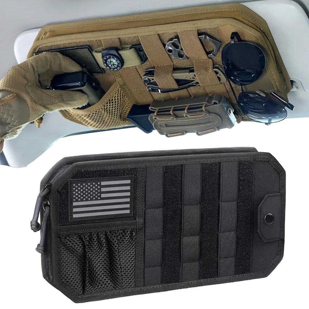 Car Sun Visor Organizer – Molle Panel with Zipper Pouch & Glasses Clip