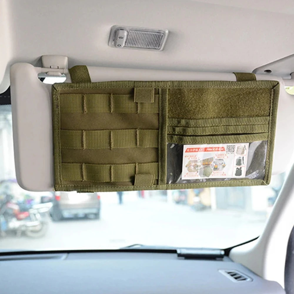 Car Sun Visor Organizer – Molle Panel with Zipper Pouch & Glasses Clip