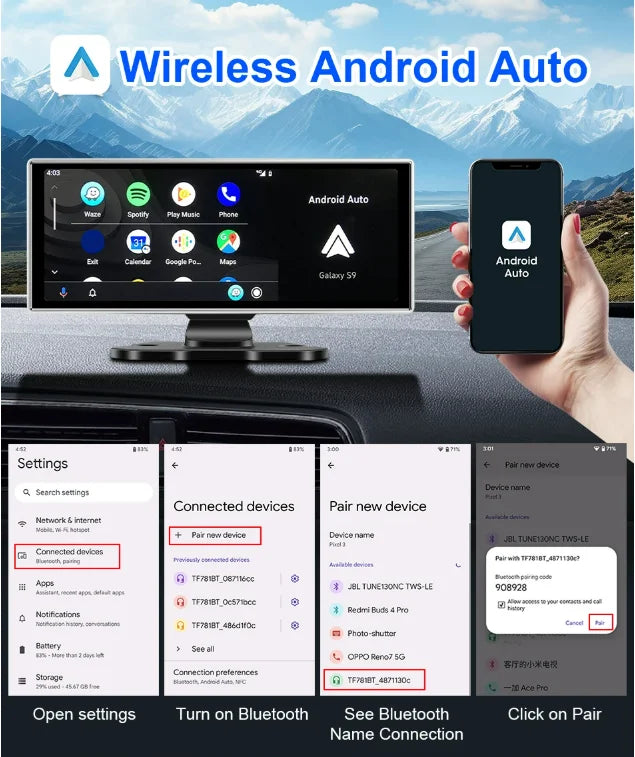10.26" Car Mirror Radio with Wireless CarPlay & Android Auto – BT, AUX, FM Stereo