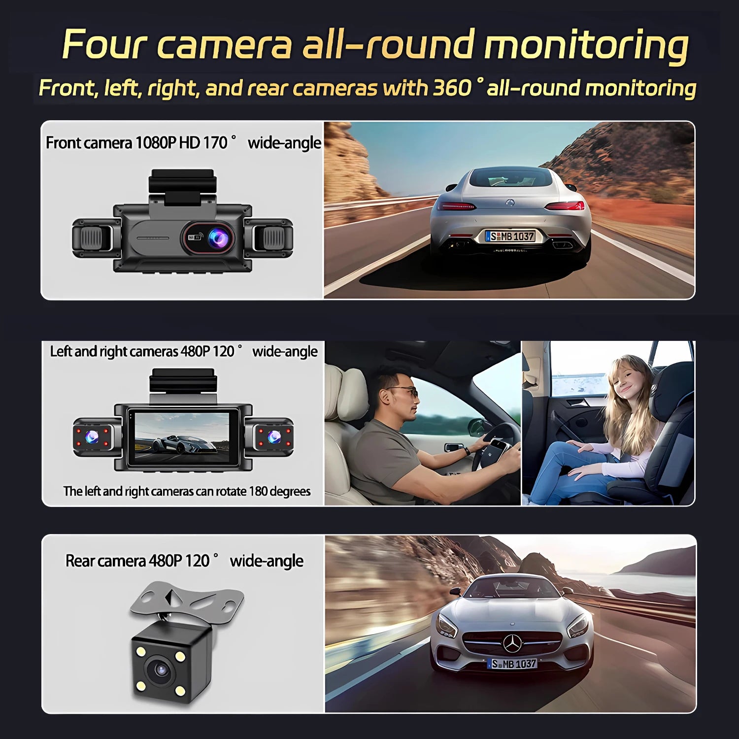 4 Channel Dash Cam with WiFi – FHD 1080P, Night Vision & Loop Recording