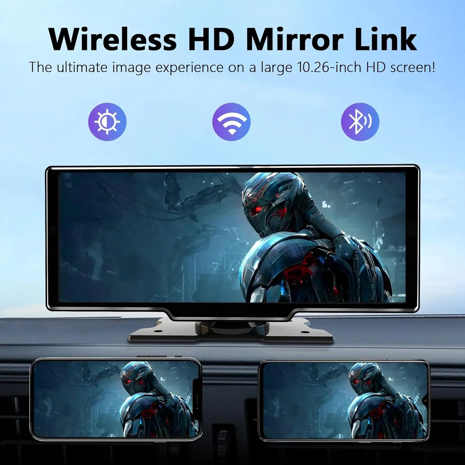 10.26" Car Mirror Radio with Wireless CarPlay & Android Auto – BT, AUX, FM Stereo