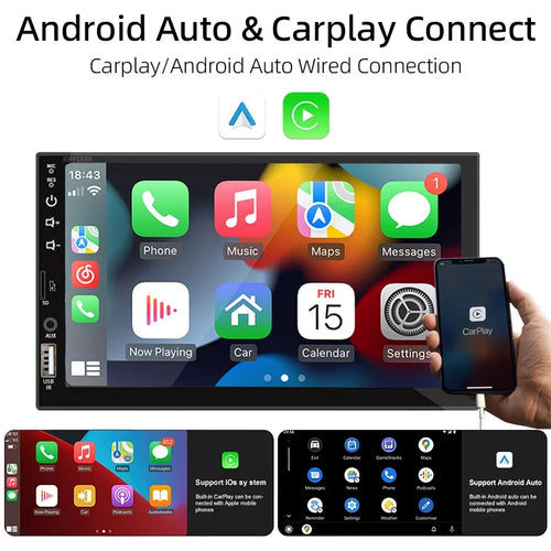1 Din Car Radio with CarPlay & Android Auto – 7" HD Touch Screen