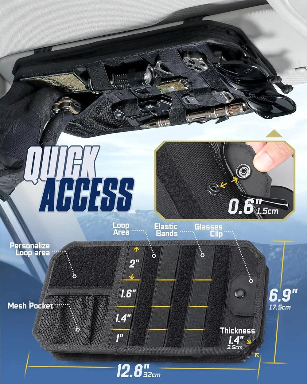 Car Sun Visor Organizer – Molle Panel with Zipper Pouch & Glasses Clip