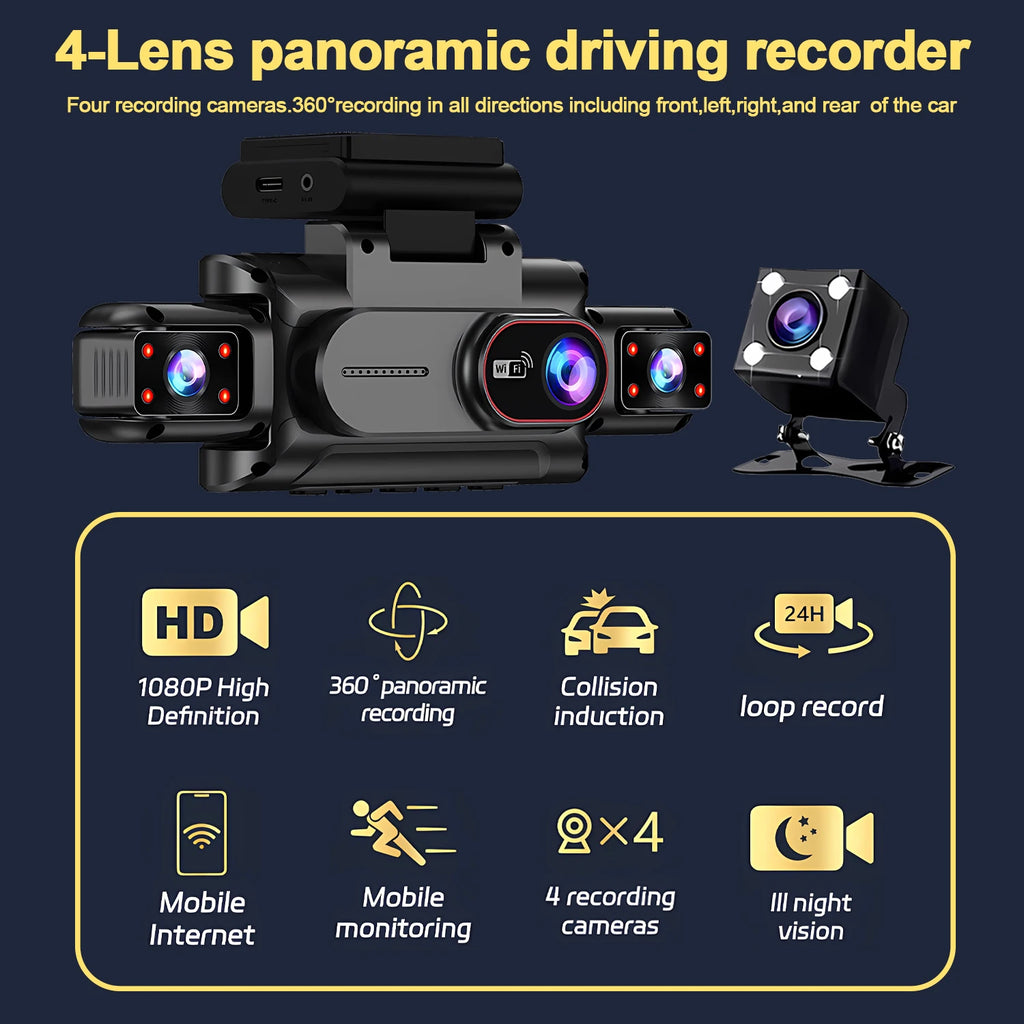 4 Channel Dash Cam with WiFi – FHD 1080P, Night Vision & Loop Recording