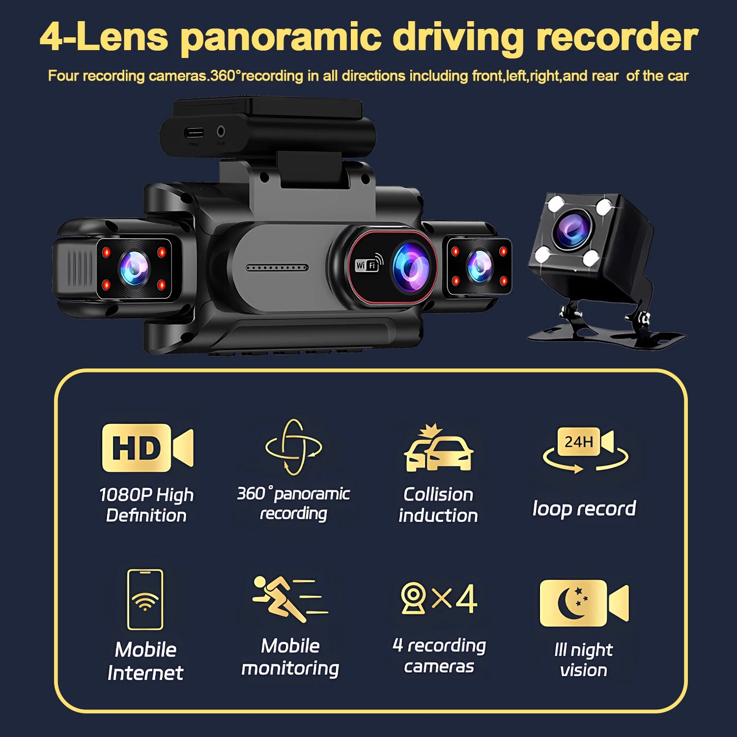 4 Channel Dash Cam with WiFi – FHD 1080P, Night Vision & Loop Recording