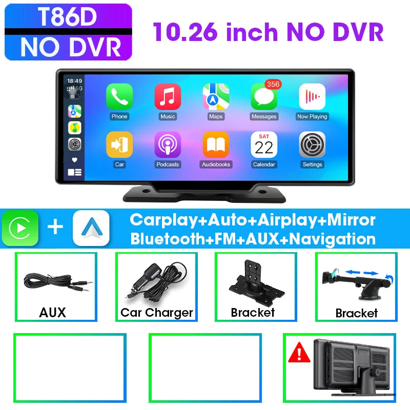 10.26" Car Mirror Radio with Wireless CarPlay & Android Auto – BT, AUX, FM Stereo