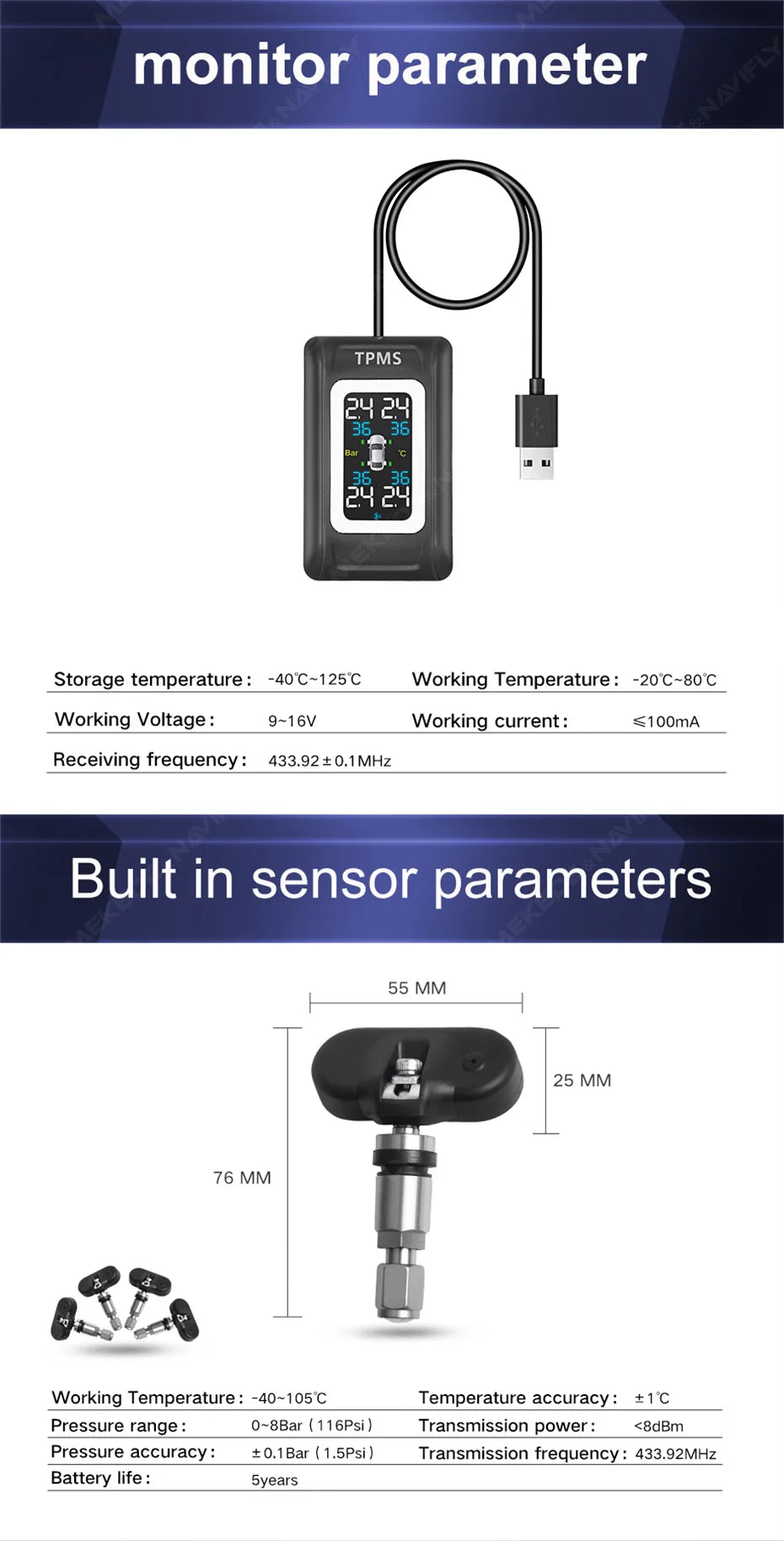 Intelligent TPMS Tire Pressure Monitoring System – Compact & Car-Specific Design