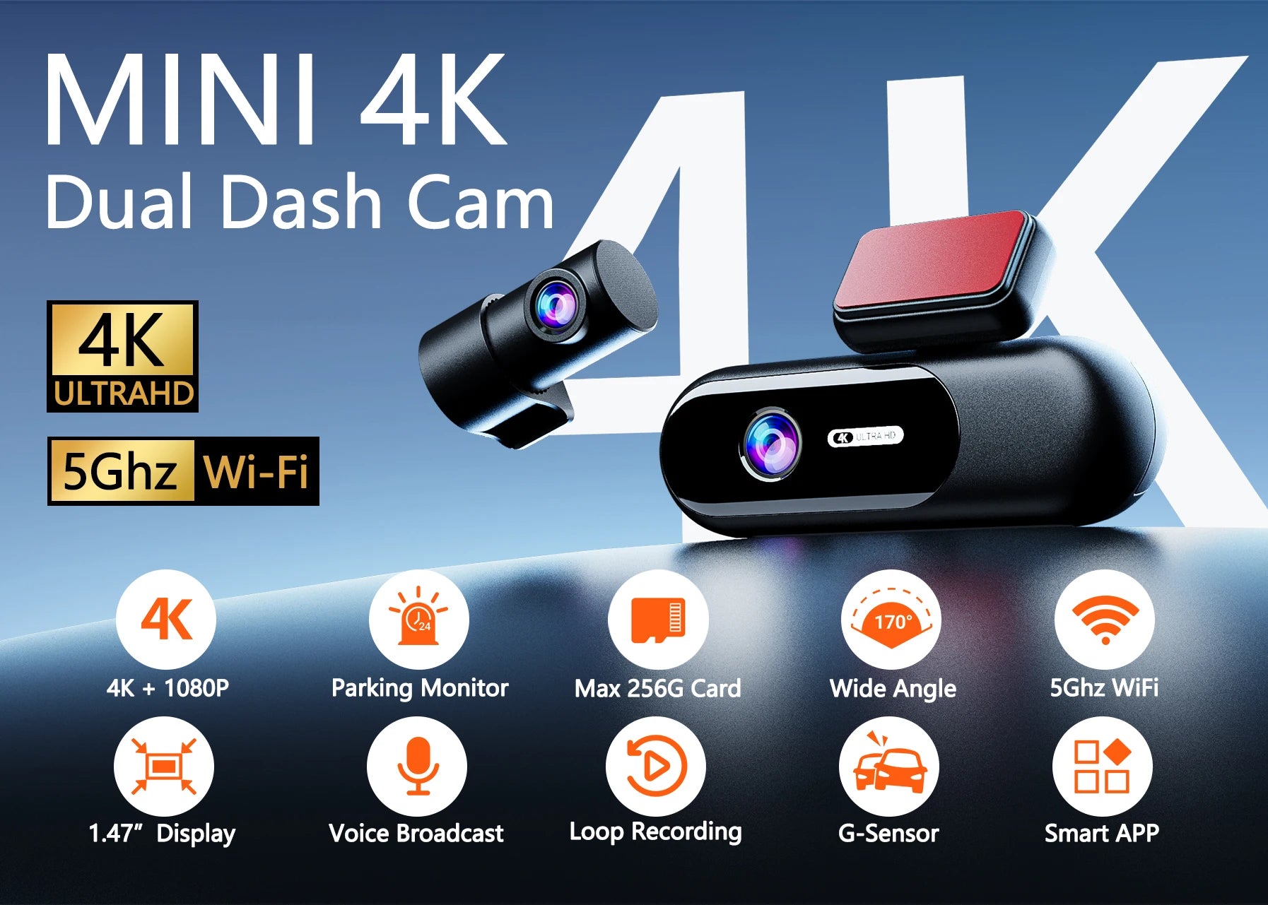 4K UHD Front & Rear Dash Cam with WiFi, HDR Night Vision & 24H Parking Mode