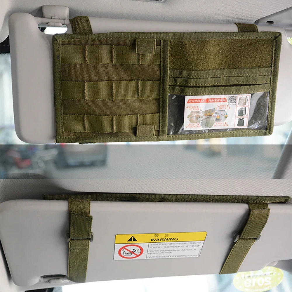 Car Sun Visor Organizer – Molle Panel with Zipper Pouch & Glasses Clip