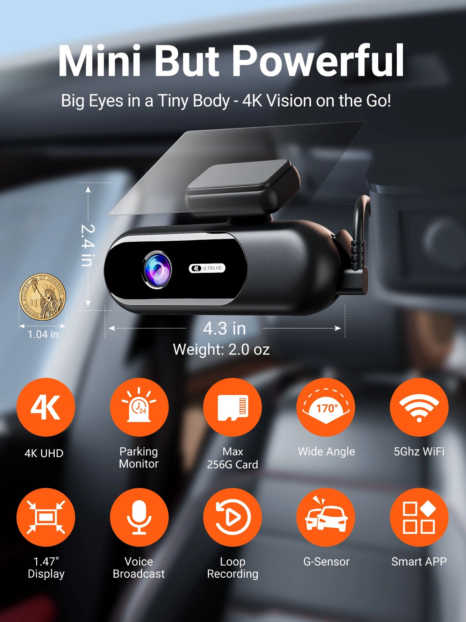 4K UHD Front & Rear Dash Cam with WiFi, HDR Night Vision & 24H Parking Mode