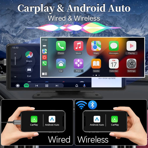 10.26" Car Mirror Dash Radio with Wireless CarPlay & Android Auto – Bluetooth, AUX & USB