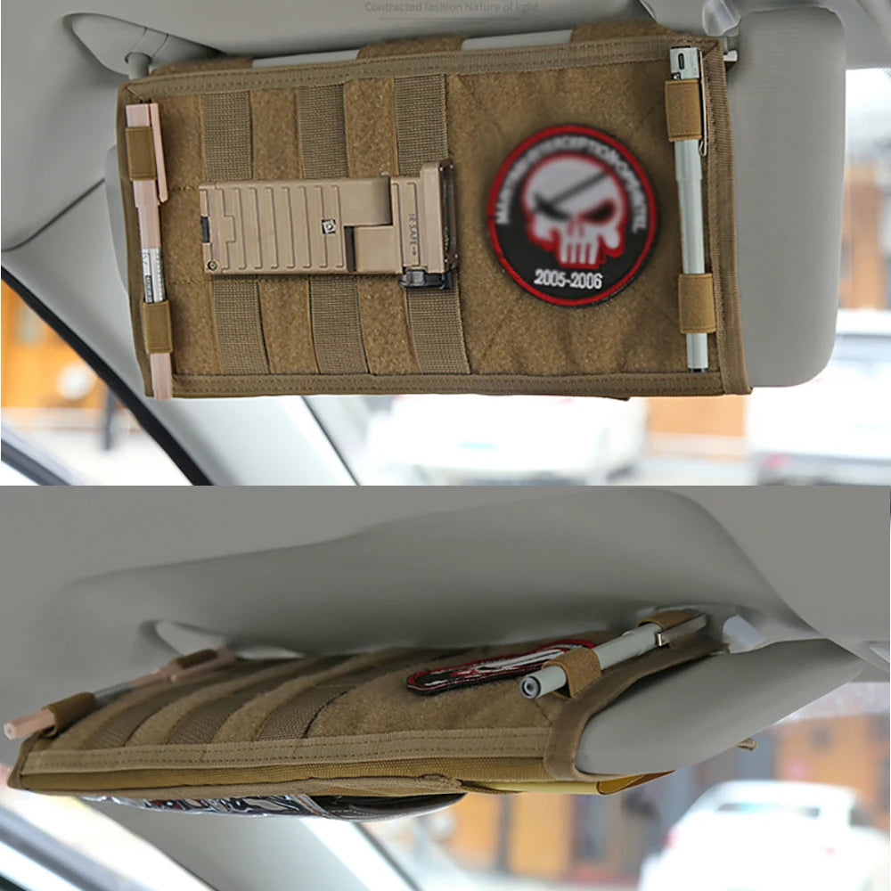 Car Sun Visor Organizer – Molle Panel with Zipper Pouch & Glasses Clip