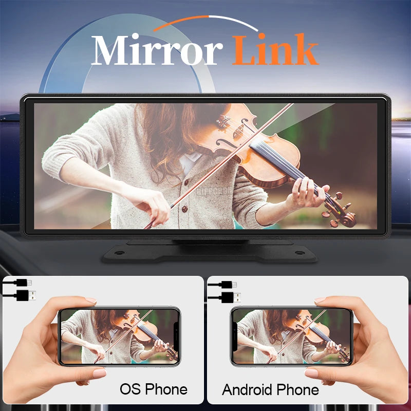 10.26" Car Mirror Dash Radio with Wireless CarPlay & Android Auto – Bluetooth, AUX & USB