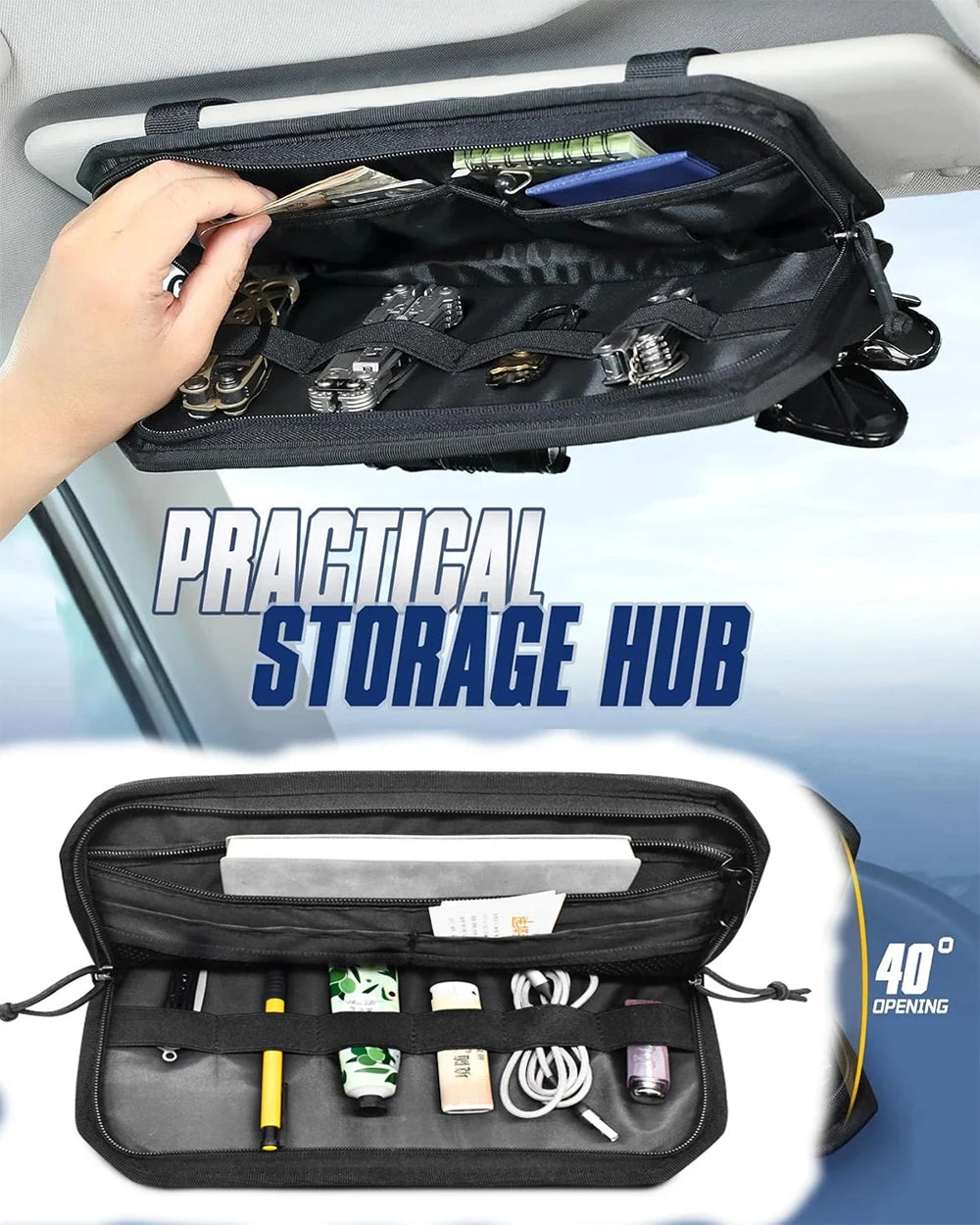 Car Sun Visor Organizer – Molle Panel with Zipper Pouch & Glasses Clip